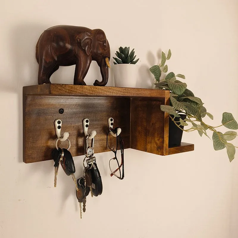 Angled view of a brown wooden wall organiser holding keys and a potted plant.