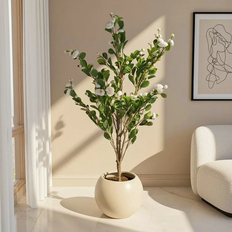 Faux Minio Camelia Rose Plant With Black Plastic Pot (3.94 ft) - White media 1