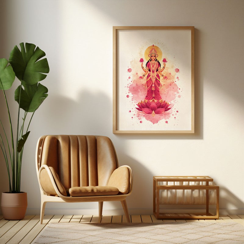 Shri Mahalaxmi Devi Divine Archival Paper Wall Art - Natural Brown Frame