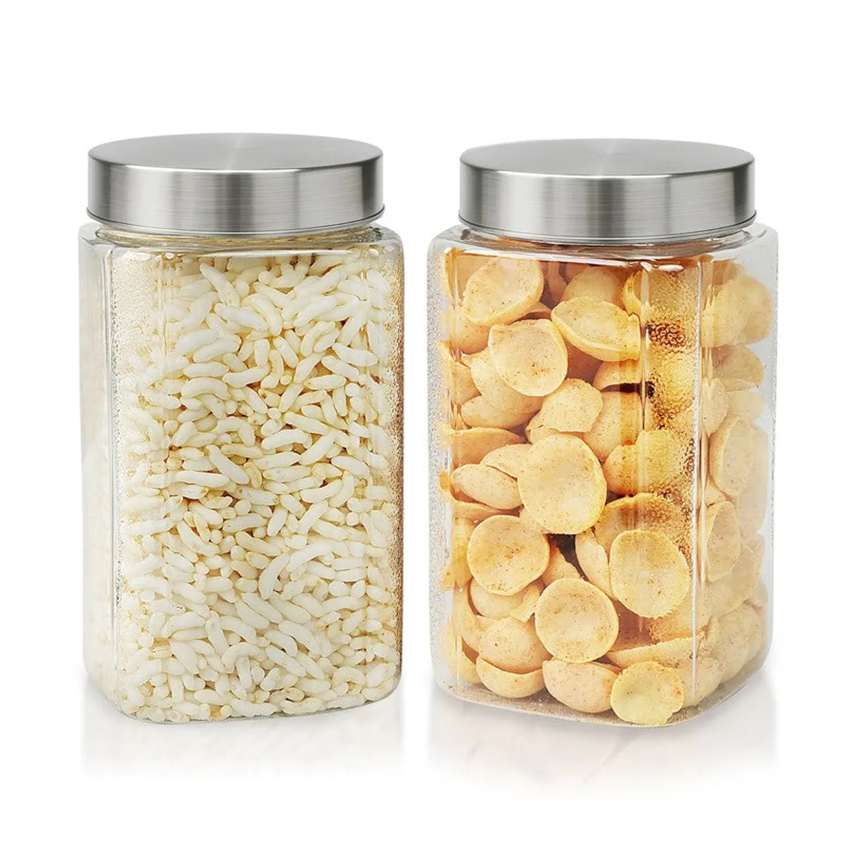 Two clear storage containers filled with food, shown with silver lids