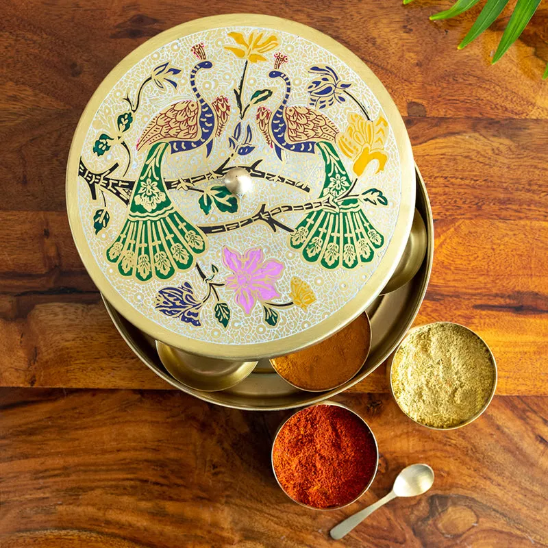 Shahi Morni Hand-Etched Brass Masala Box - 110 ML media 1