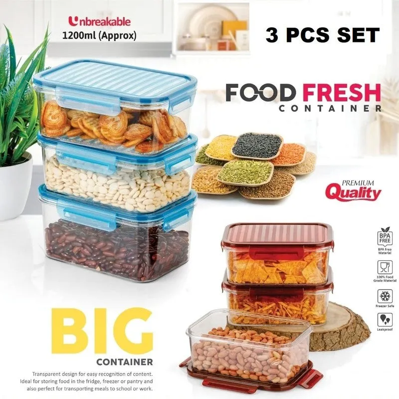 Food containers shown in red and blue lid versions with dry food and pantry ingredients