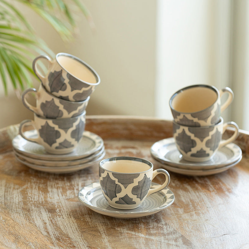 Mednia Grey Tea Cup & Saucer (120 ML) - Twelve Piece Set
