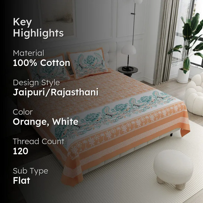 Ethnic Classic Cotton Bedsheet (Orange,White) - 120 TC media 2