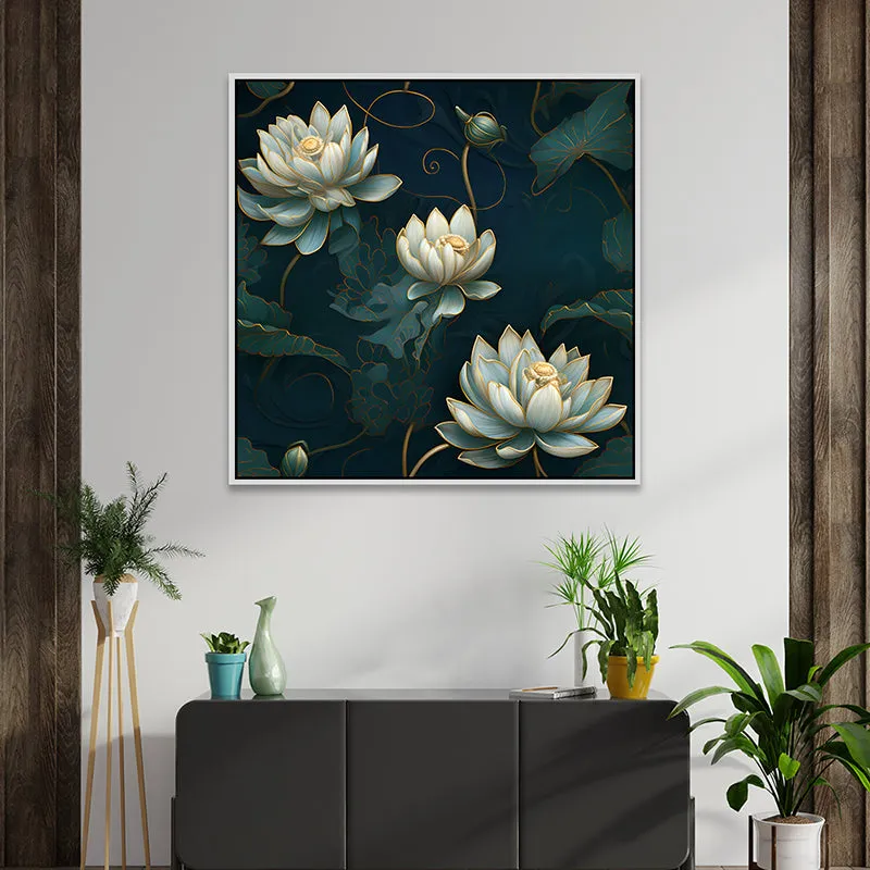 Neelathamara Canvas Wall Painting With Frame - White media 1