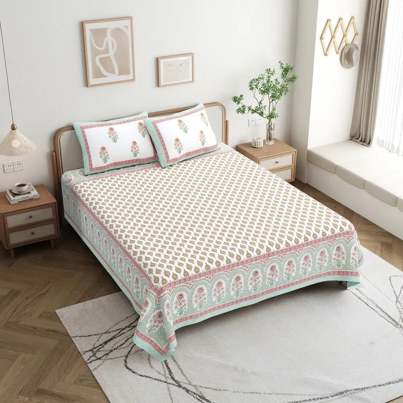 OvoFloro Handblock Printed Cotton Bedsheet (Pink) - 400 TC media 1