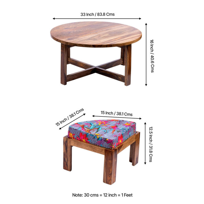 Hervon Sheesham Wooden Center Table with Stools and Cushions (Brown) - Nine Piece Set media 12