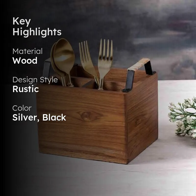 Rustic Wooden Cutlery Stand with Metal Handles media 2