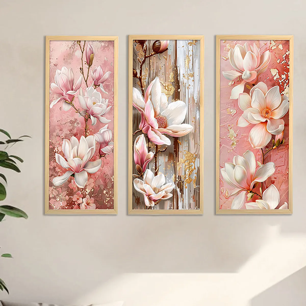 Set of three framed floral wall art panels styled on a light wall