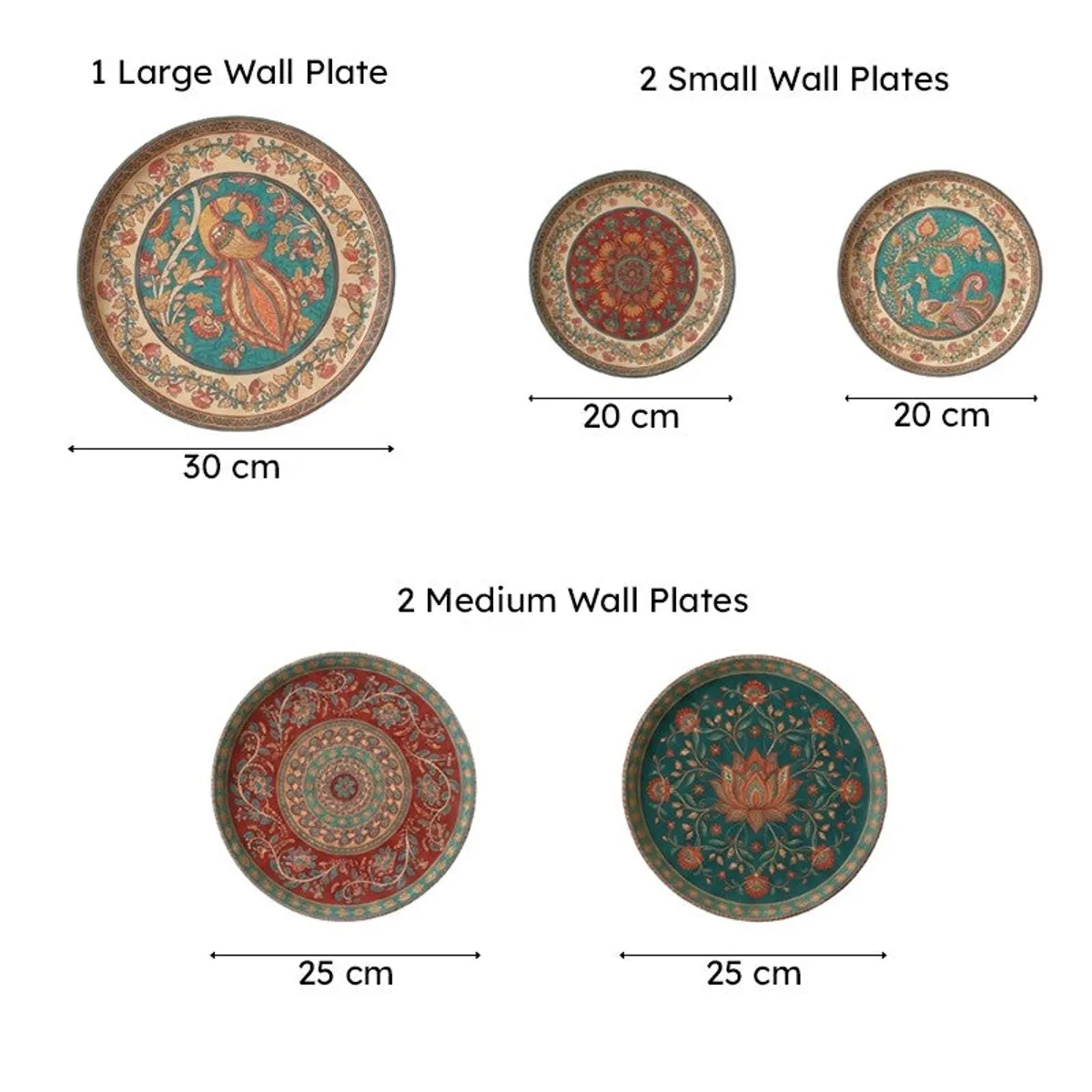 Five round wall plates shown individually with peacock, floral and ornamental motifs