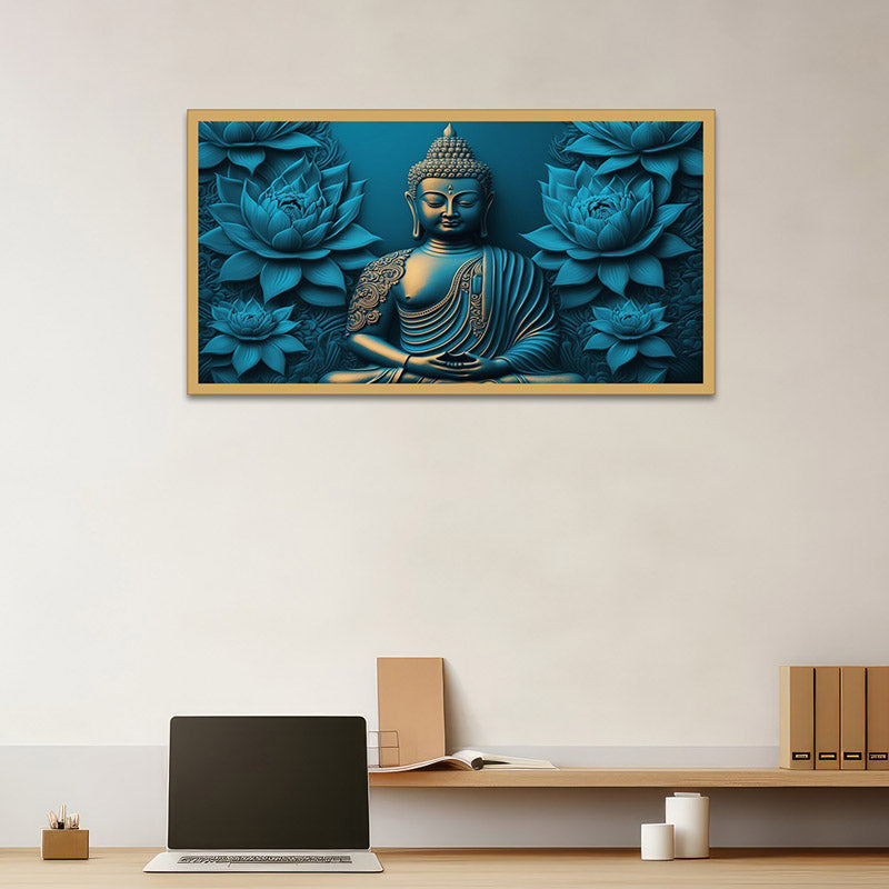 Enlightened Buddha In Blue Canvas Wall Painting With Frame