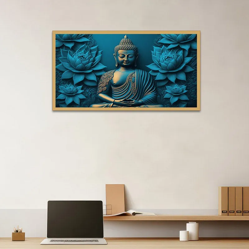 Enlightened Buddha In Blue Canvas Wall Painting With Frame media 1