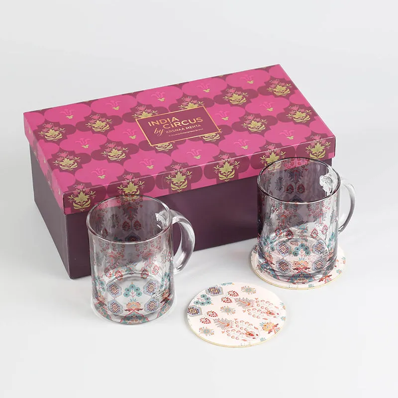 India Circus Petal Mist Glass Mug With Coaster (325 mL Each) - Four Piece Set media 4
