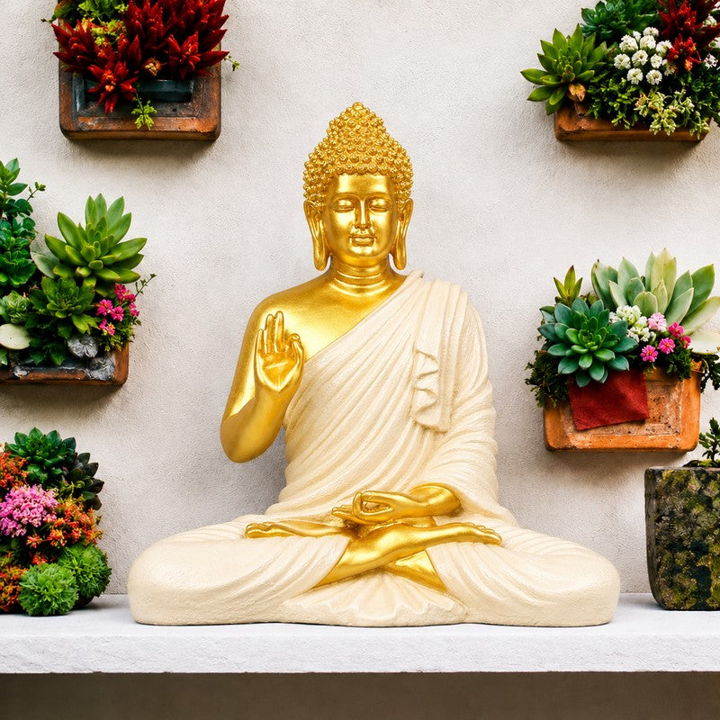 Dhyaan Bliss Buddha Marble Idol - Gold & Off White