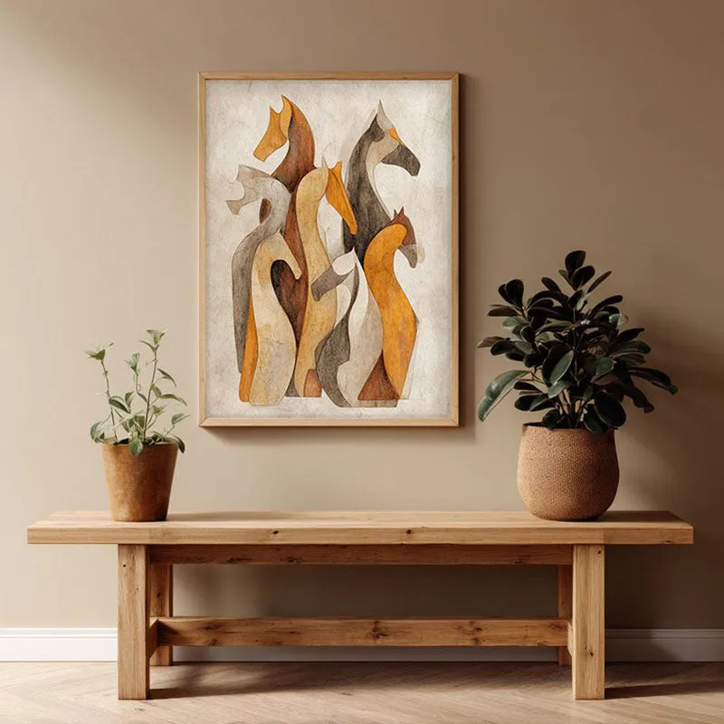 Horse Silhouettes Archival Paper Wall Painting With Brown Frame media 1