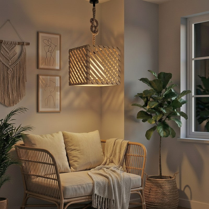 GeoLattice Wooden Ceiling Lamp - Brown