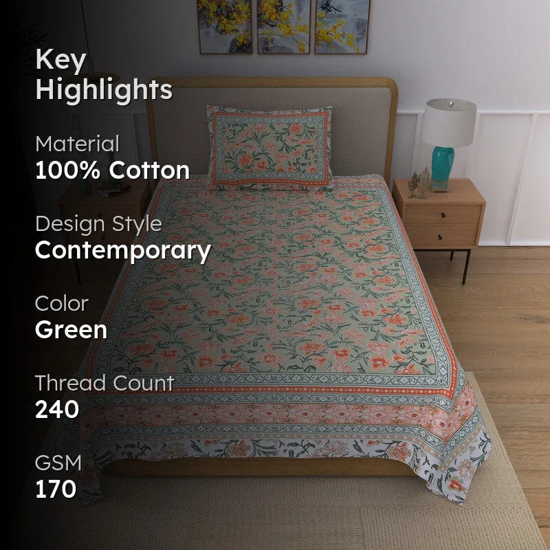 Cozyra Floral Cotton Bedsheet (Green) - 240 TC media 2