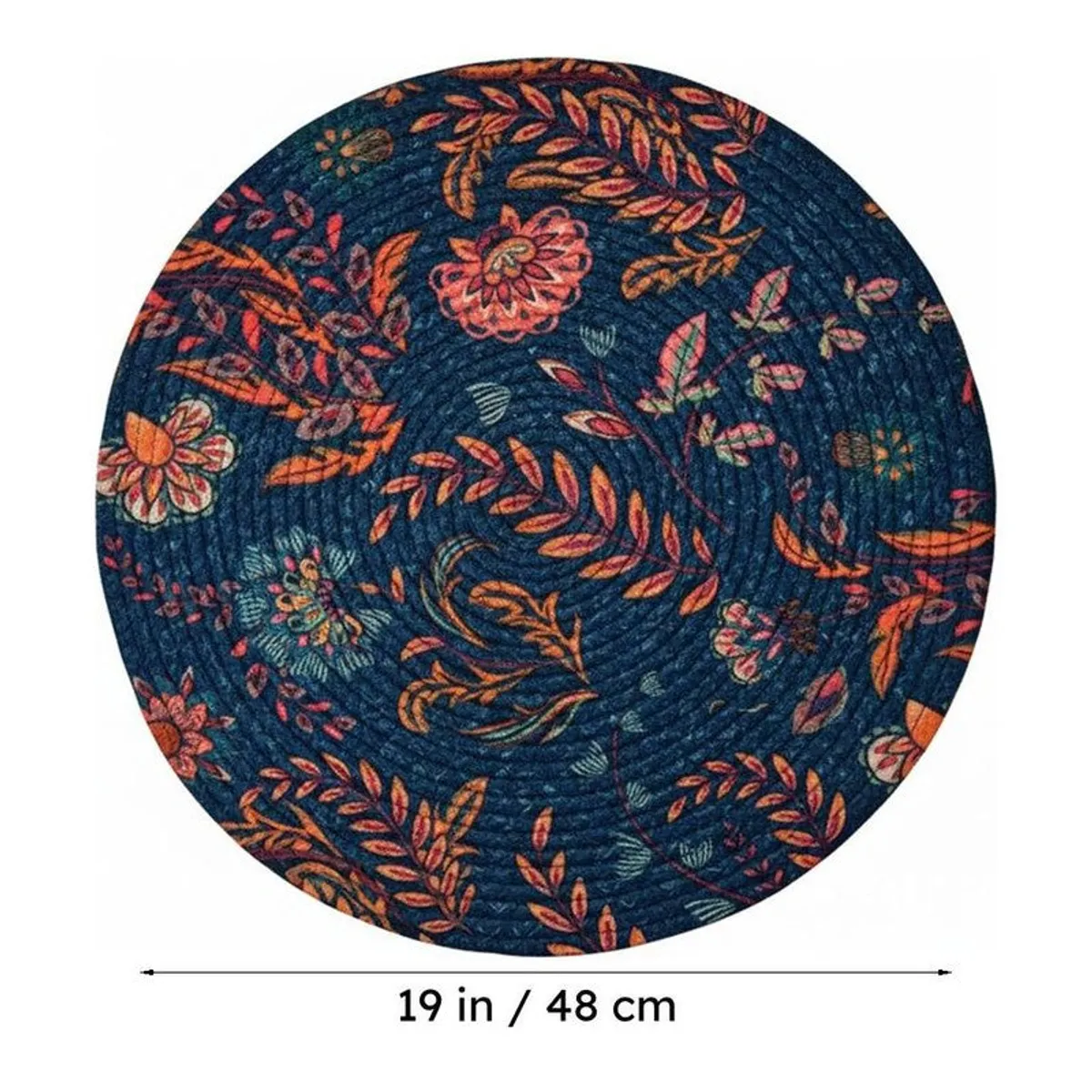 Single round floral table mat shown with a 19 inch or 48 cm diameter