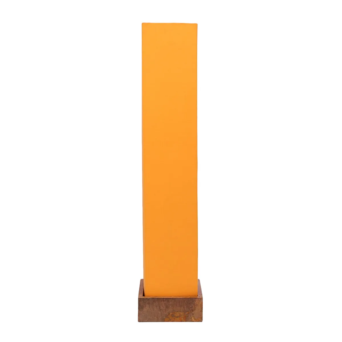Front view of a tall yellow-orange tower floor lamp with a wooden base on white background