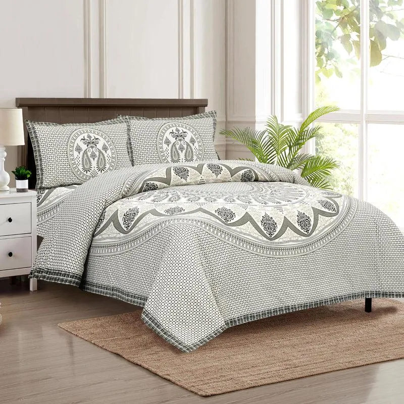 Trikaaya Ethnic Cotton Flat Bedsheet (White & Grey) - 160 TC media 1