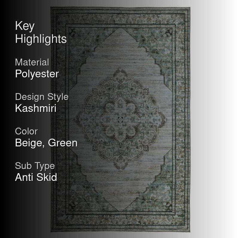 Evina Ethnic Anti Slip Carpet - Beige & Green media 2