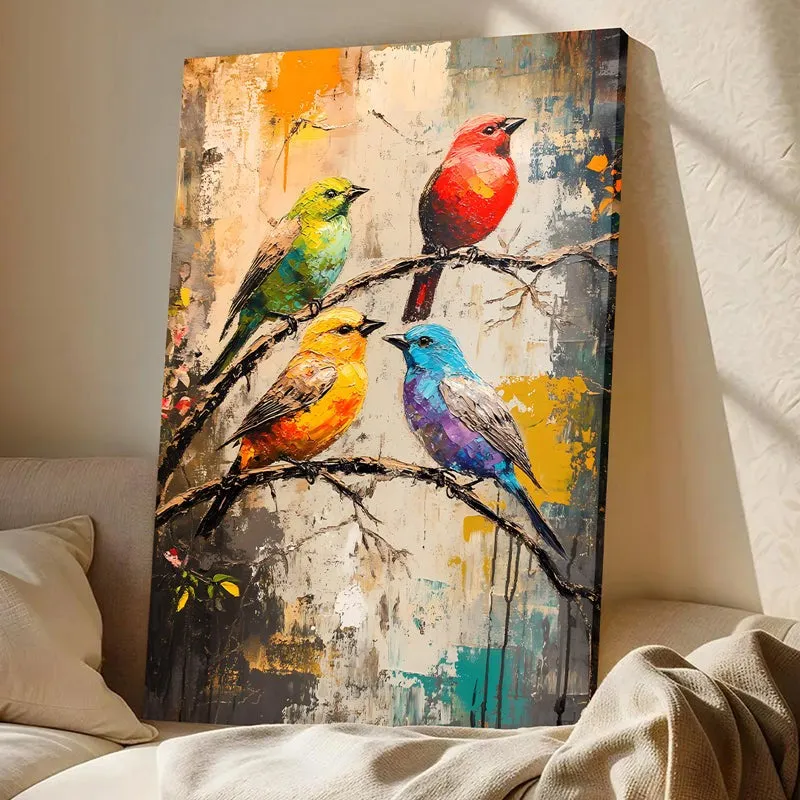 Bird canvas wall art leaning against a sofa in soft sunlight