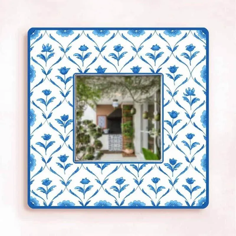 Rosa Lush  Designer Handpainted Mirror -  Blue media 5