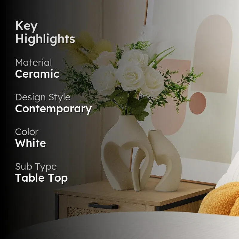White sculptural vase set styled on a bedside table with highlight text overlay
