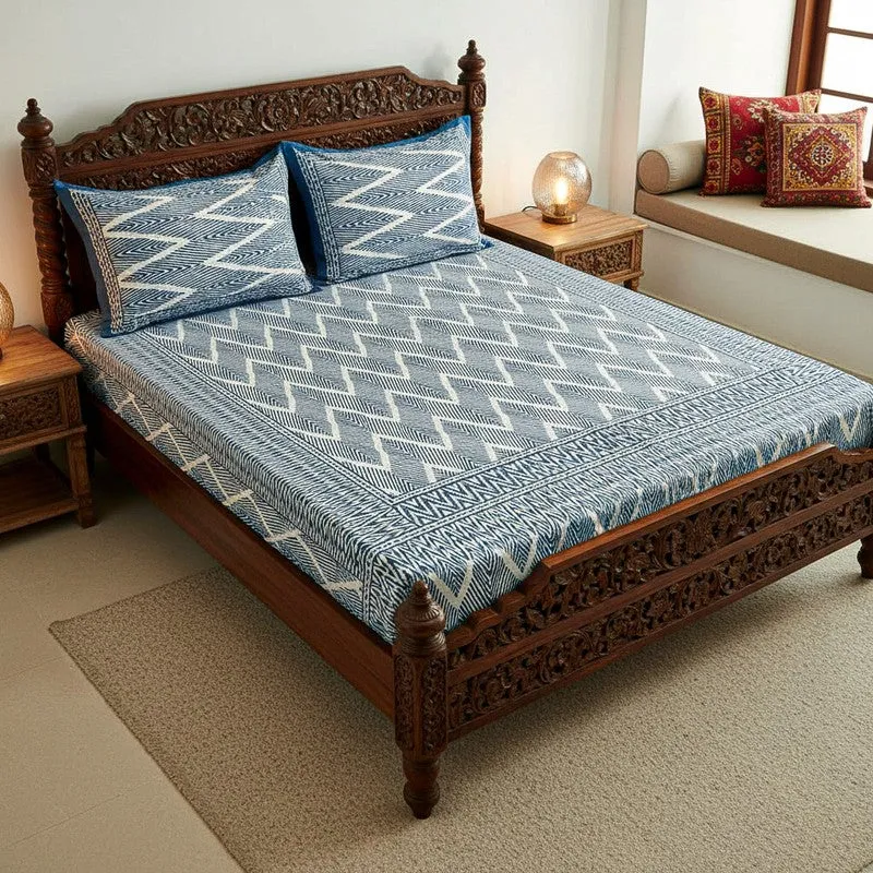 Jorie Geometric Printed Cotton Bedsheet (Blue) - 120 TC media 1