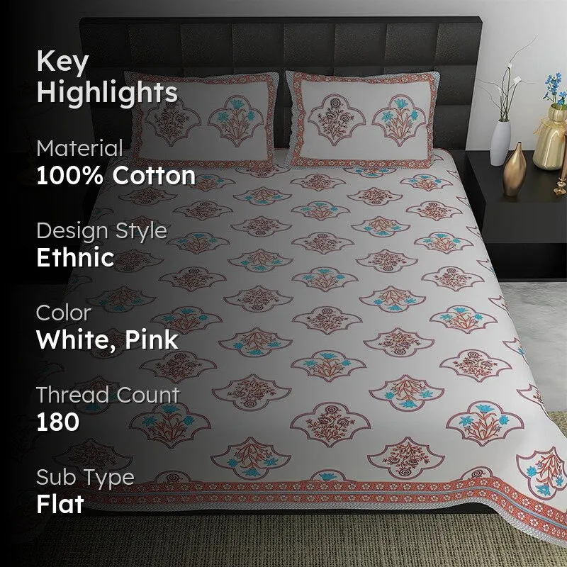 Sybil Floral Cotton Bedsheet (White,Pink) - 180 TC media 2