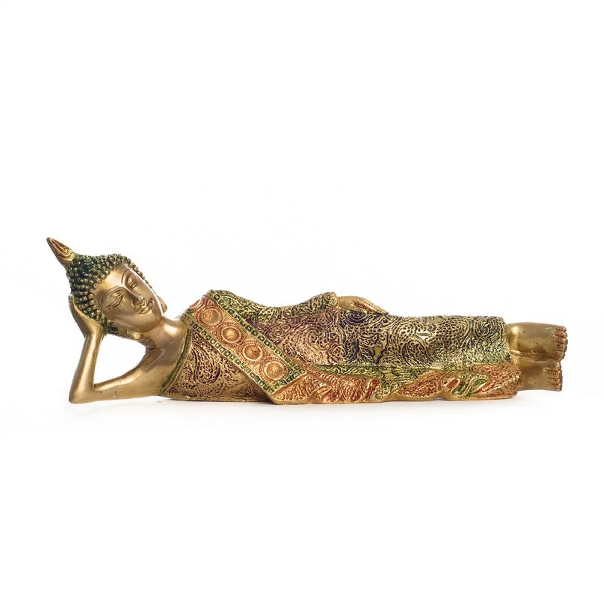 Front view of a gold reclining Buddha brass idol