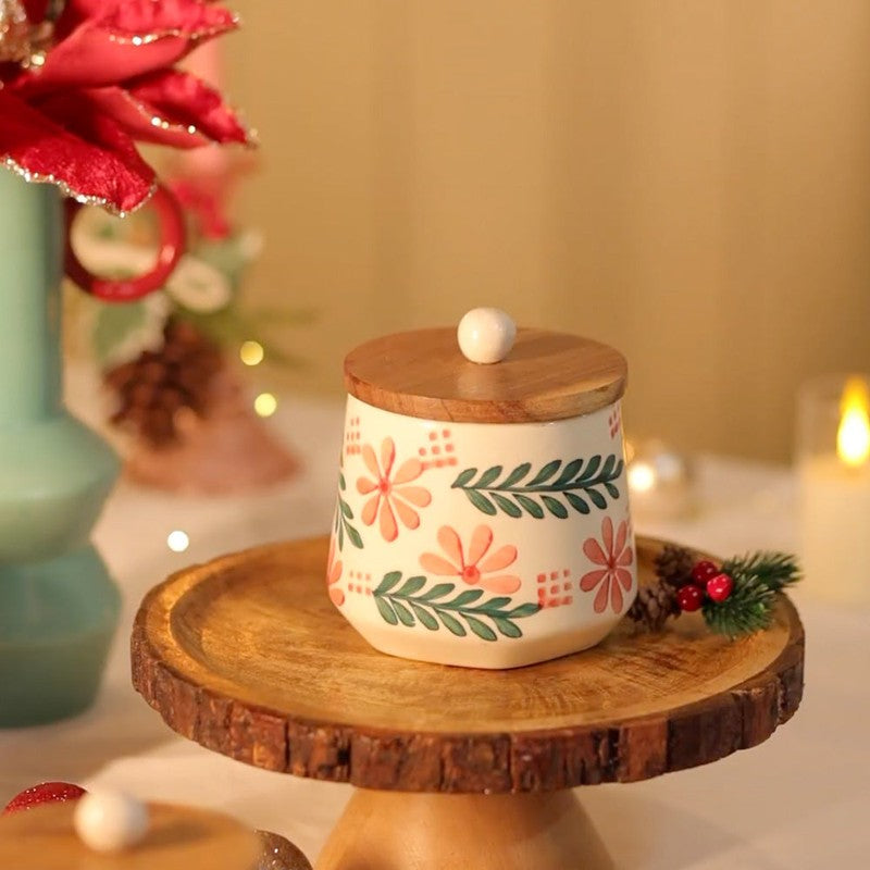 Fern Haven Ceramic Storage Jar with Mango Wood Lid - 800 mL