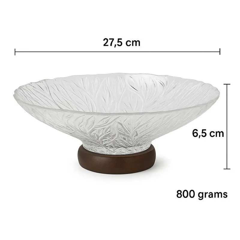 Transparent glass fruit bowl shown with its length and height dimensions