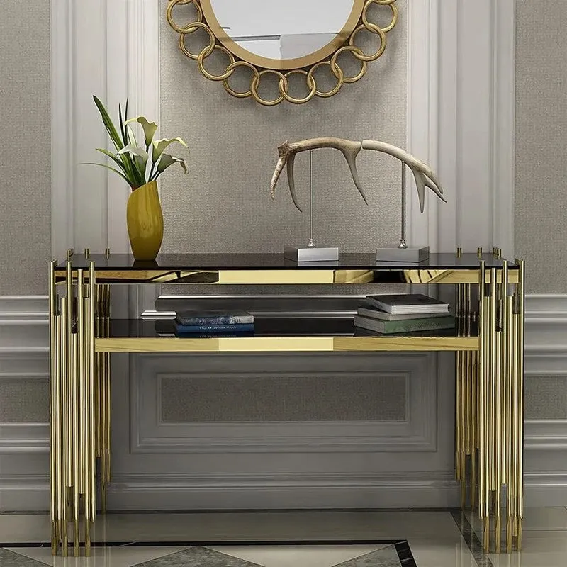 Narrow 2 Tier Metal Console Table with Marble Top - Medium media 3