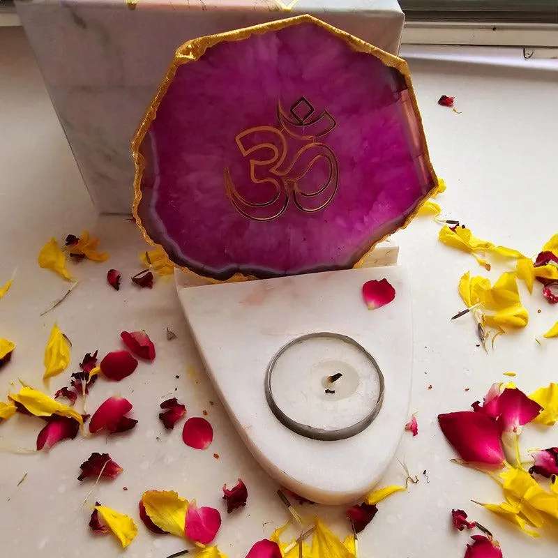 Om Agate & Marble Tealight Candle Holder - Pink media 1