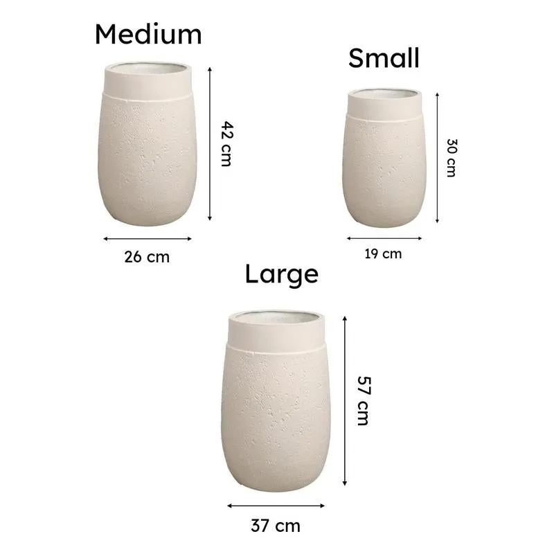White planter size comparison showing Large, Medium and Small dimensions