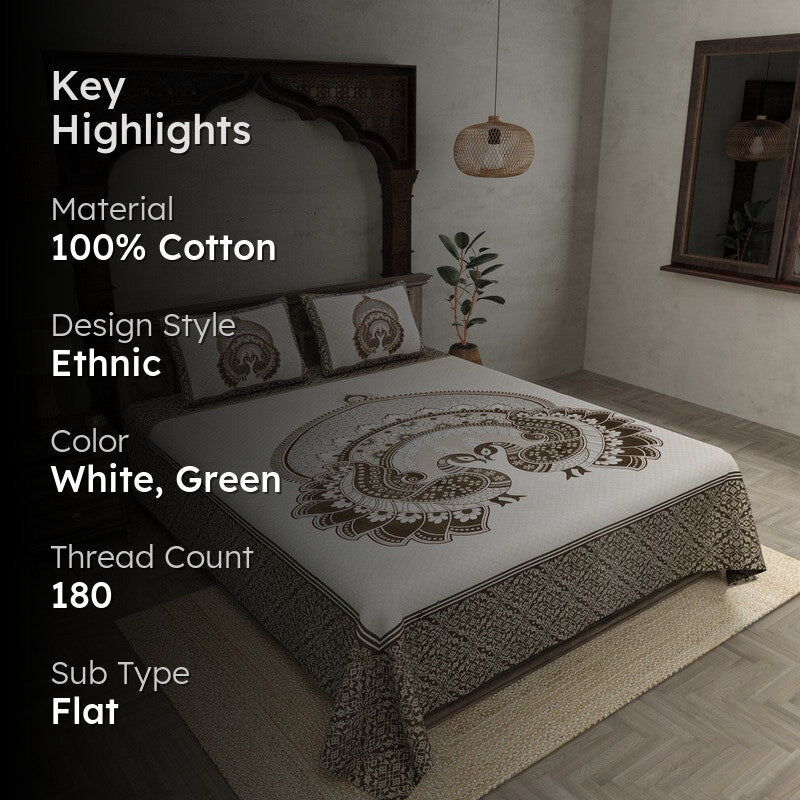 Mayura Ethnic Cotton Bedsheet (White,Green) - 180 TC media 2
