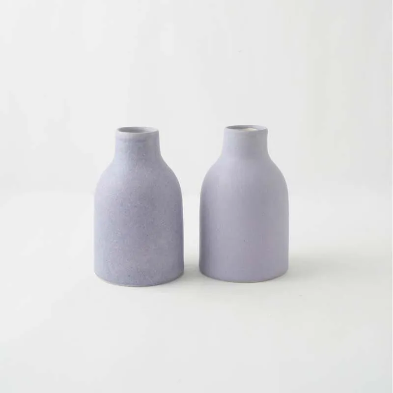 Pair of light blue ceramic bottle vases against a white background