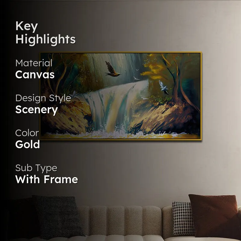 Enchanted Waterfalls Landscape Canvas Wall Painting With Frame - Gold media 2