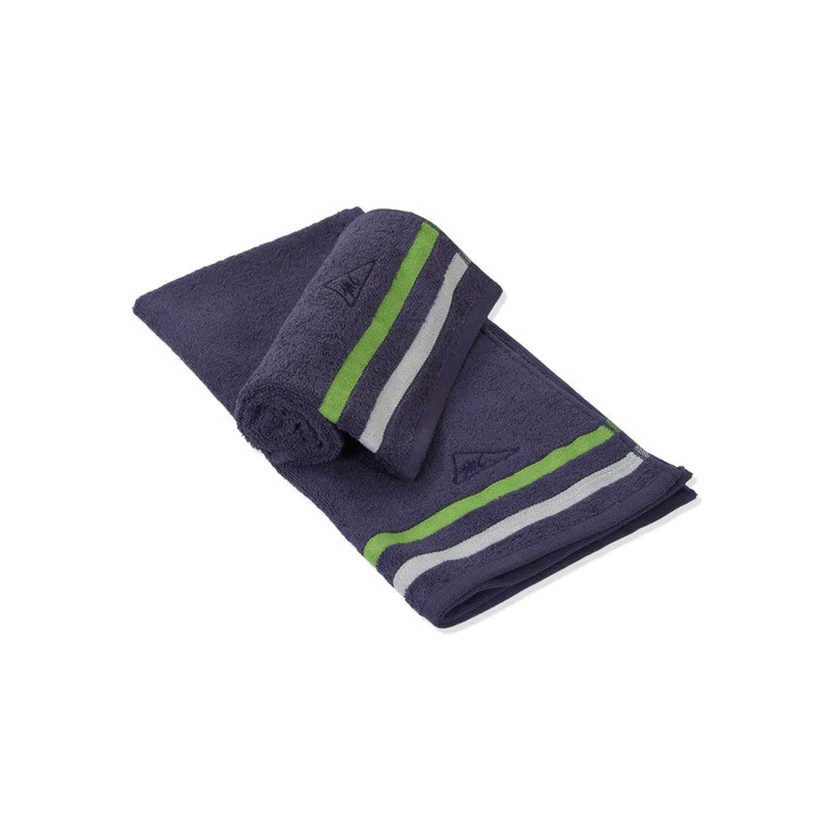 Rolled blue towel placed on a matching striped towel against a white background