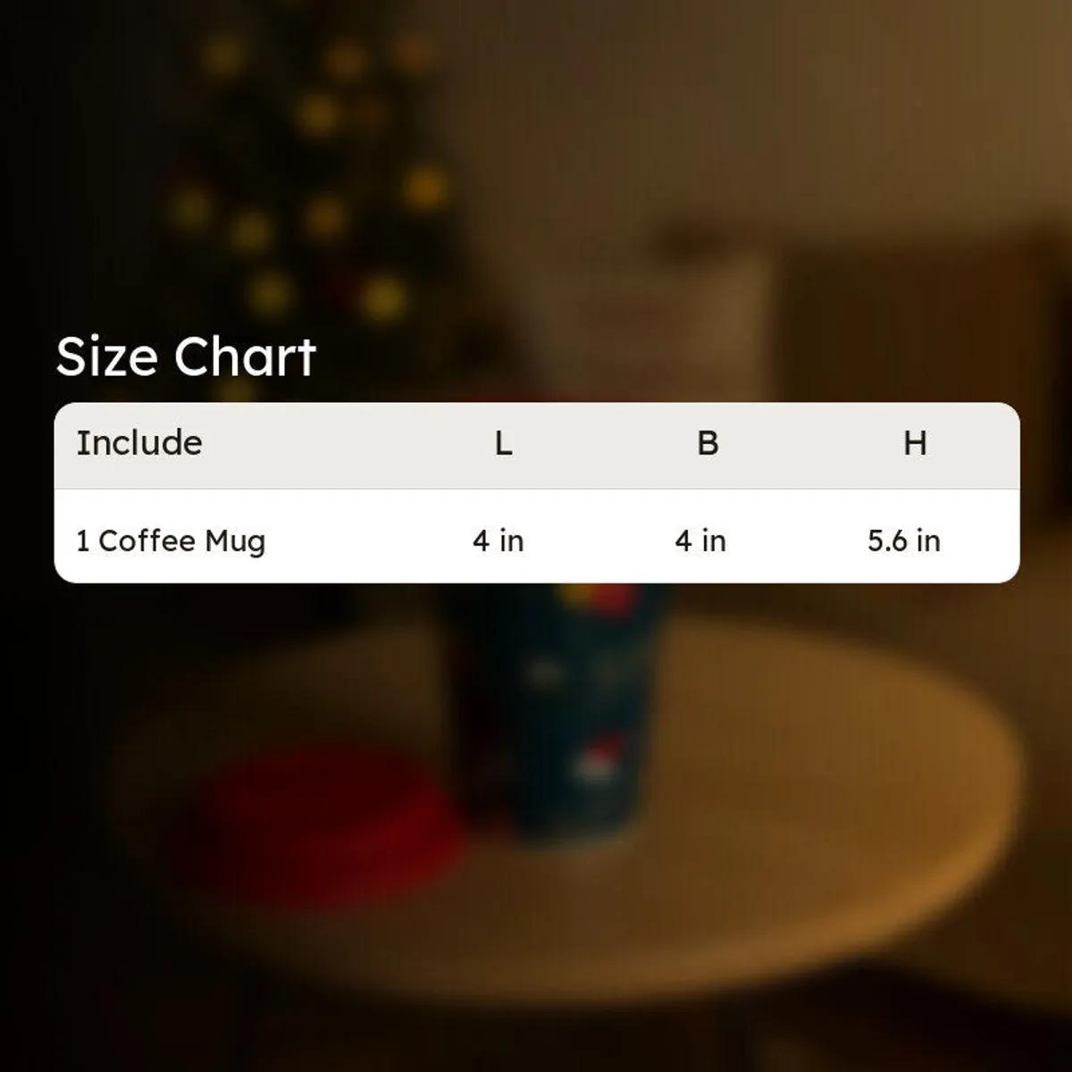 Festive coffee mug displayed on a softly blurred holiday-themed table