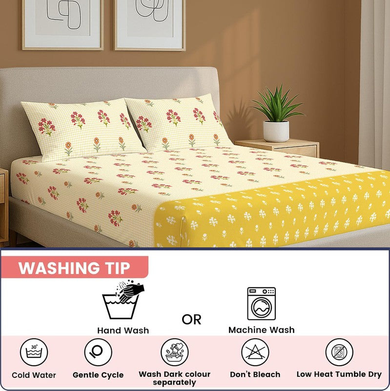 Sunshine Blossoms Floral Cotton Bedsheets (Yellow) - 144 TC media 7