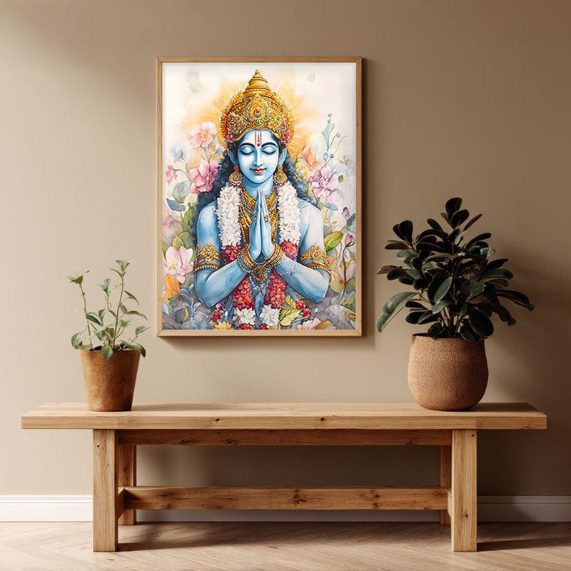 Srirama Jayam Spiritual Archival Paper Wall Painting - Natural Brown Frame