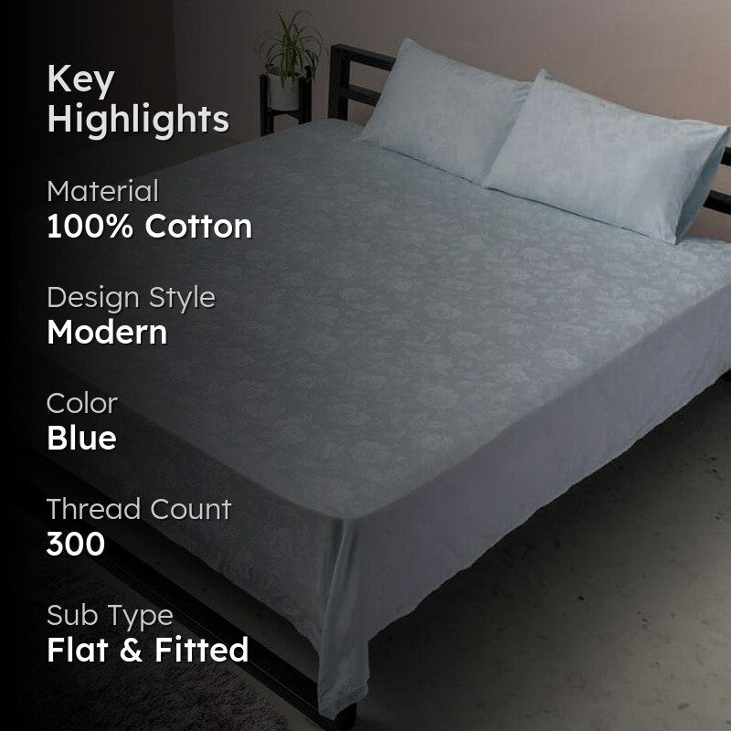 Fruva Floral Jacquard Cotton Bedsheet (Pale Blue) - 300 TC media 2