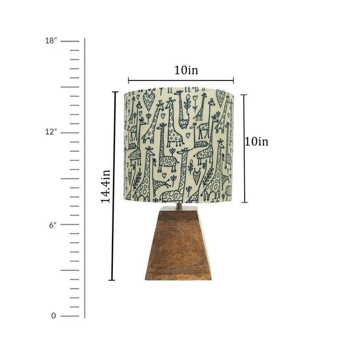 Table lamp with giraffe-print shade shown with overall size graphic