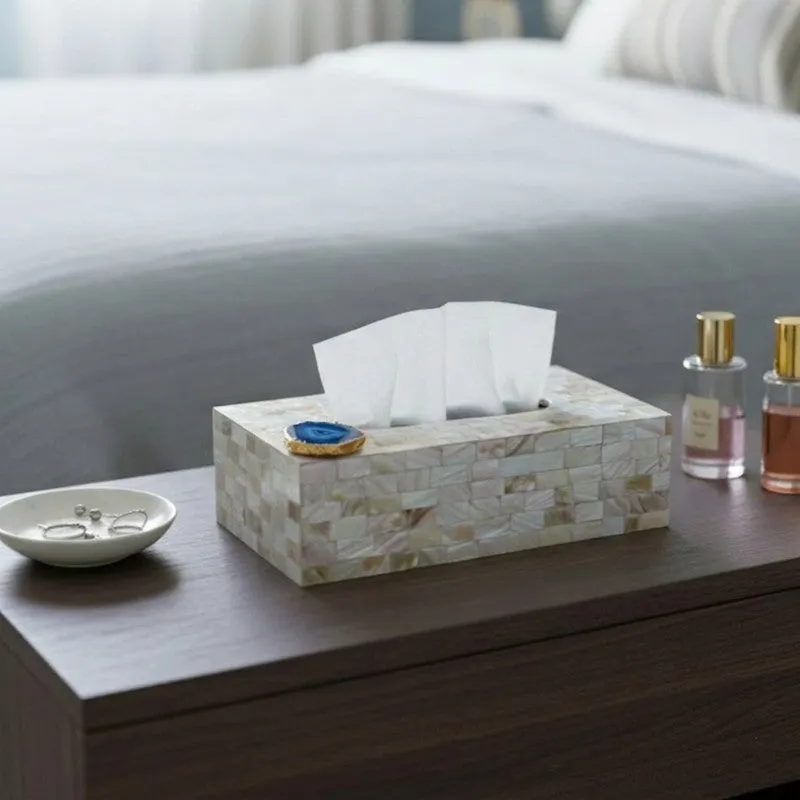 Suzzaine Handcrafted Mother Of Pearl & Agate Tissue Box - Blue & Beige media 7