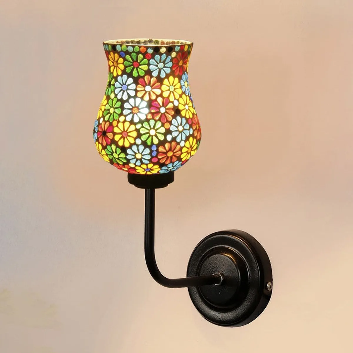 Floral mosaic glass wall lamp with black wall mount