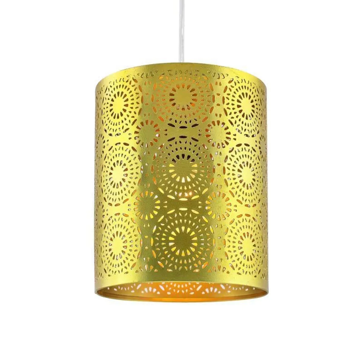 Gold cylindrical ceiling lamp with perforated mandala pattern