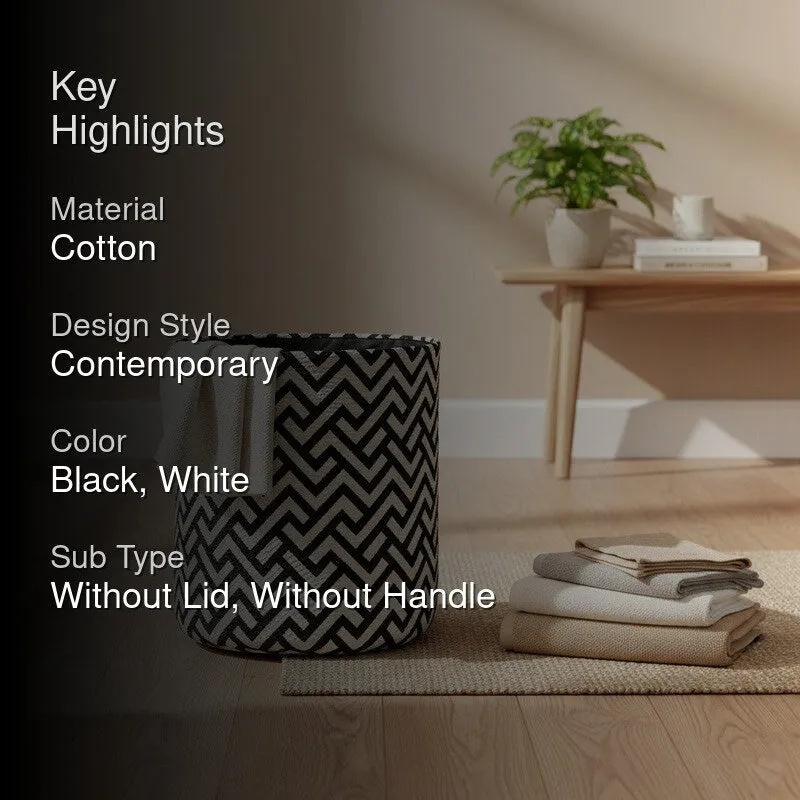 Waveza Zigzag Cotton Laundry Basket - Black & White media 2