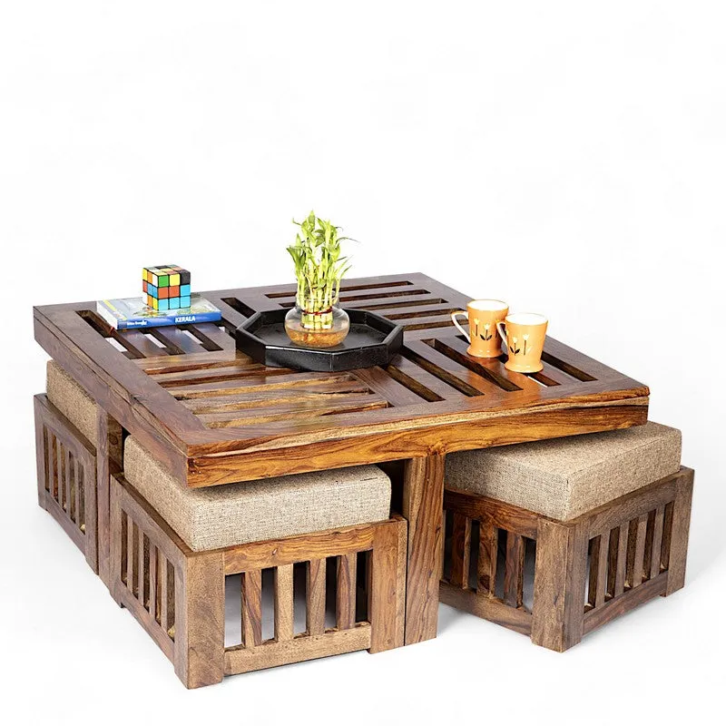 Gaviron Sheesham Wooden Center Table with Stools and Cushions (Light Brown) - Nine Piece Set media 4